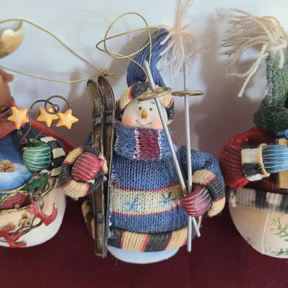 Vintage Fabric Mache Holiday Winter Christmas Ornaments Snowmen & Moose Set of 4